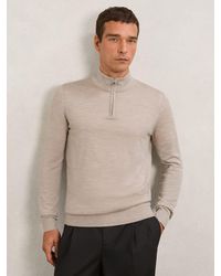 Reiss - Blackhall - Wheat Melange Merino Wool Zip Neck Jumper, S - Lyst