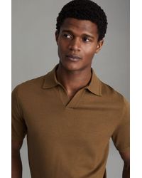 Reiss - Duchie - Tobacco Brown Merino Wool Open Collar Polo Shirt, Xl - Lyst