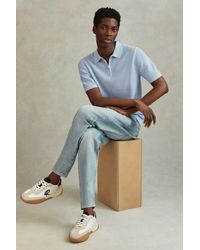 Reiss - Burnham - Soft Blue Cotton Blend Textured Half Zip Polo Shirt - Lyst