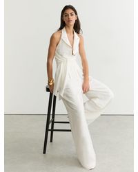 Reiss - Cream Tie-Front Wide-Leg Jumpsuit With Linen - Lyst