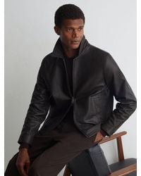 Reiss - Ortega - Dark Brown Leather Collared Zip-through Jacket, Xxl - Lyst