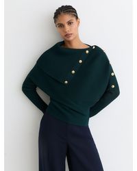 Reiss - Lexi - Teal Blue Rib-knit Button Shawl Jumper, L (us 12-14) - Lyst