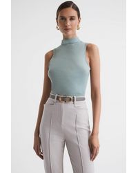 Reiss - Bianca - Sage Fitted Ruched High-neck Top - Lyst