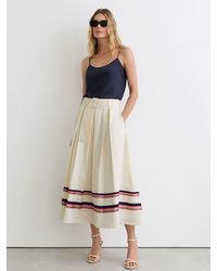 Reiss - Rian - Cream Cotton Stripe-detail Belted Midi Skirt, Us 2 - Lyst