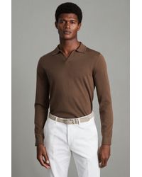 Reiss - Milburn - Pecan Brown Merino Wool Open Collar Polo Shirt - Lyst