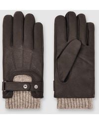 Reiss - Sanford - Dark Brown Leather Ribbed-cuff Gloves, M - Lyst