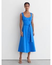 Reiss - Irina - Blue Cotton Belted Midi Dress With Stretch, Us 4 - Lyst