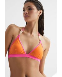 Reiss - Rutha - Orange/pink Colourblock Halter Bikini Top, Us 10 - Lyst