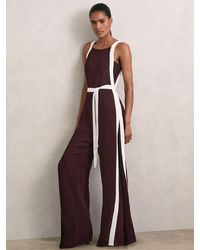 Reiss - Burgundy & Cream Colourblock Wide Leg Belted Jumpsuit - Lyst