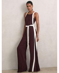 Reiss - Burgundy & Cream Petite Colourblock Wide Leg Belted Jumpsuit - Lyst