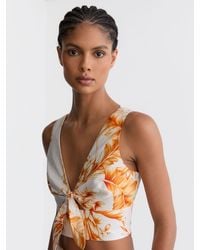 Reiss - Milly - Ivory/orange Linen Floral Print Tie Front Top, Us 6 - Lyst