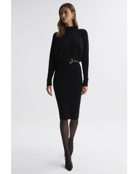 Reiss - Freya - Black Petite Wool Blend Ruched Sleeve Midi Dress - Lyst