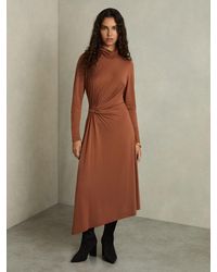 Reiss Linen Blend Drape Midi Dress in Natural | Lyst