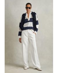Reiss - Abigail - Navy/ivory Striped Cotton Open-collar T-shirt, M - Lyst