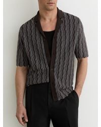 Reiss - Drake - Brown Wavy-stripe Cuban-collar Knit Shirt, Xxl - Lyst