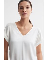 Reiss - Natalia - Ivory Silk-front V-neck T-shirt - Lyst