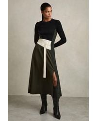 Reiss - Khaki/ Rib-Knit Panelled Belted Midi Dress - Lyst