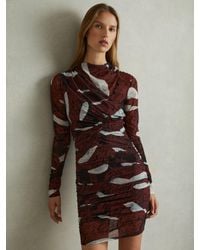 Reiss - Kallie - Burgundy Printed Ruched Mini Dress, Us 8 - Lyst