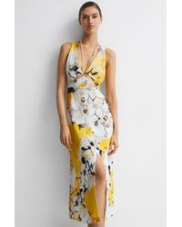 Reiss - Kasia - Yellow Fitted Floral Print Midi Dress, Us 10 - Lyst