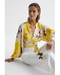 Reiss - Odette - Yellow Floral Print Cropped Blouse, Us 0 - Lyst