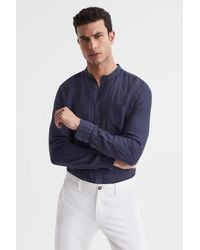 Reiss - Ocean - Mens Navy Blue Linen Grandad Collar Shirt - Lyst