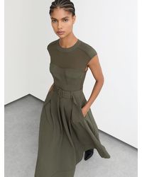 Reiss - Pleated Mesh Panel Belted Midi Dress - Lyst