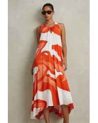 Reiss - Avia - Orange/white Printed Dipped Hem Midi Dress - Lyst