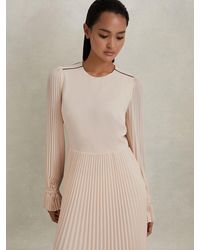 Reiss - Nude & Pleated Belted Midi Dress - Lyst