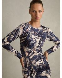 Reiss - Neutral Printed Ruched Midi Dress - Lyst