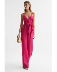 Reiss - Emilia - Pink Petite V-neck Linen Jumpsuit, Us 10 - Lyst