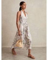 Reiss - Linen Palm Print Halterneck Midi Dress - Lyst