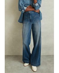 Reiss - Kira - Mid Blue Front Pocket Wide Leg Jeans - Lyst