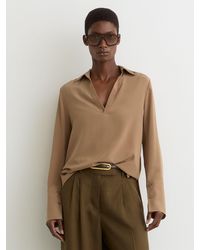 Reiss - Maria - Camel Matte-silk Open-collar Blouse, Us 2 - Lyst