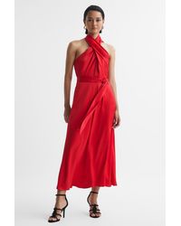 Reiss - Vida - Red Satin Halter Neck Fitted Midi Dress - Lyst
