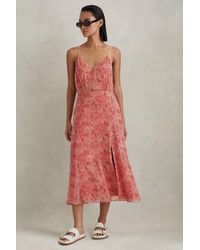 Reiss - Olivia Floral-print V-neck Woven Midi Dress - Lyst