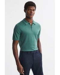 Reiss - Maxwell - Pine Green Merino Wool Half-zip Polo Shirt - Lyst