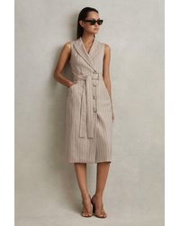 Reiss - Andie - Neutral Wool Blend Striped Double Breasted Midi Dress - Lyst