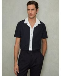 Reiss - Aster - Navy/white Cotton Textured Colour-block Shirt, Xl - Lyst