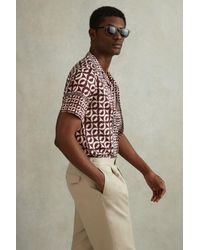 Reiss - Prentice - Tobacco Geometric Print Cuban Collar Shirt - Lyst