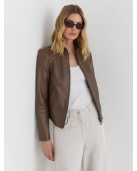 Reiss - Allie - Taupe Neutral Petite Leather Collarless Biker Jacket, Us 12 - Lyst