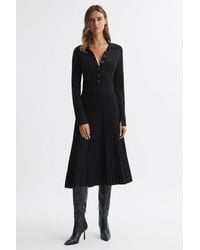 Reiss - Mia - Black Knitted Pleated Midi Dress - Lyst