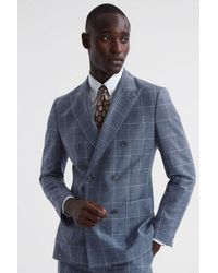 Reiss - Aintree - Indigo Slim Fit Wool Linen Check Double Breasted Blazer - Lyst