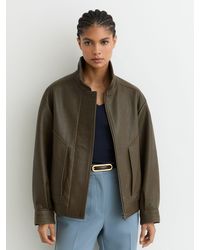 Reiss - Kiara - Khaki Green Oversized Grained-leather Bomber Jacket, Us 8 - Lyst