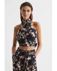 Reiss - Ally - Black/blush Ally Printed Halter Neck Cropped Top, Us 6 - Lyst