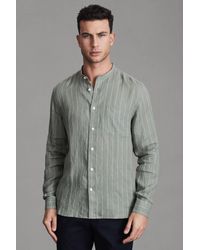 Reiss - Ocean - Sage Stripe Linen Grandad Collar Shirt, L - Lyst