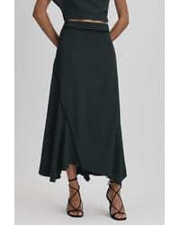Reiss - Sara - Green Asymmetric Contrast Trim Midi Skirt - Lyst