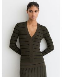 Reiss - Khaki & Stripe Craft-Stitch Rib-Knit Top - Lyst