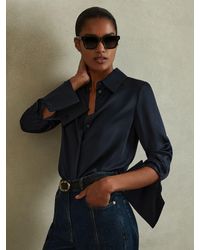 Reiss - Hailey - Navy Silk Double-cuff Button-through Shirt, Us 2 - Lyst