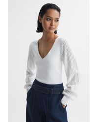 Reiss - Lexi - Ivory Knitted Sleeve V-neck Top - Lyst