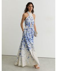 Reiss - Amaya - Ivory/blue Cotton Floral-print Belted Maxi Dress With Stretch, Us 12 - Lyst